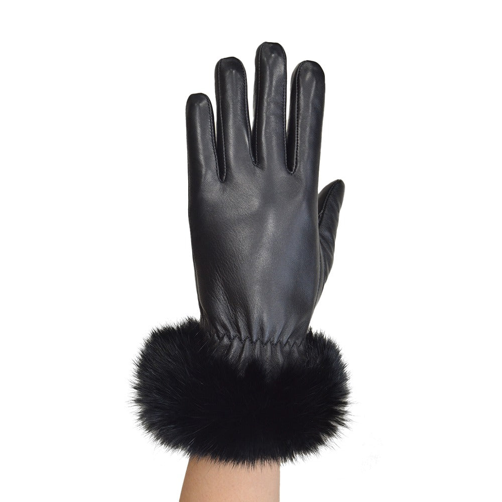 Womans Leather Gloves Black Fur