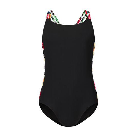 Flaming Girls Double Strap Black/Floral Trim Bathing Suit