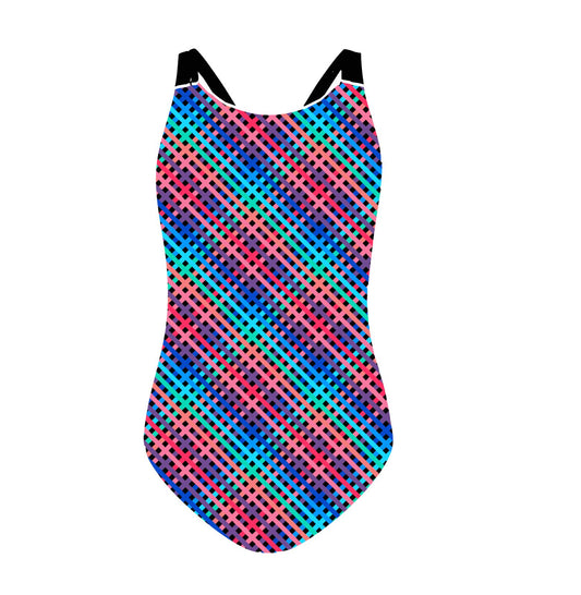 Flamingo Girls Double Strap Suit - Crosshatch Print