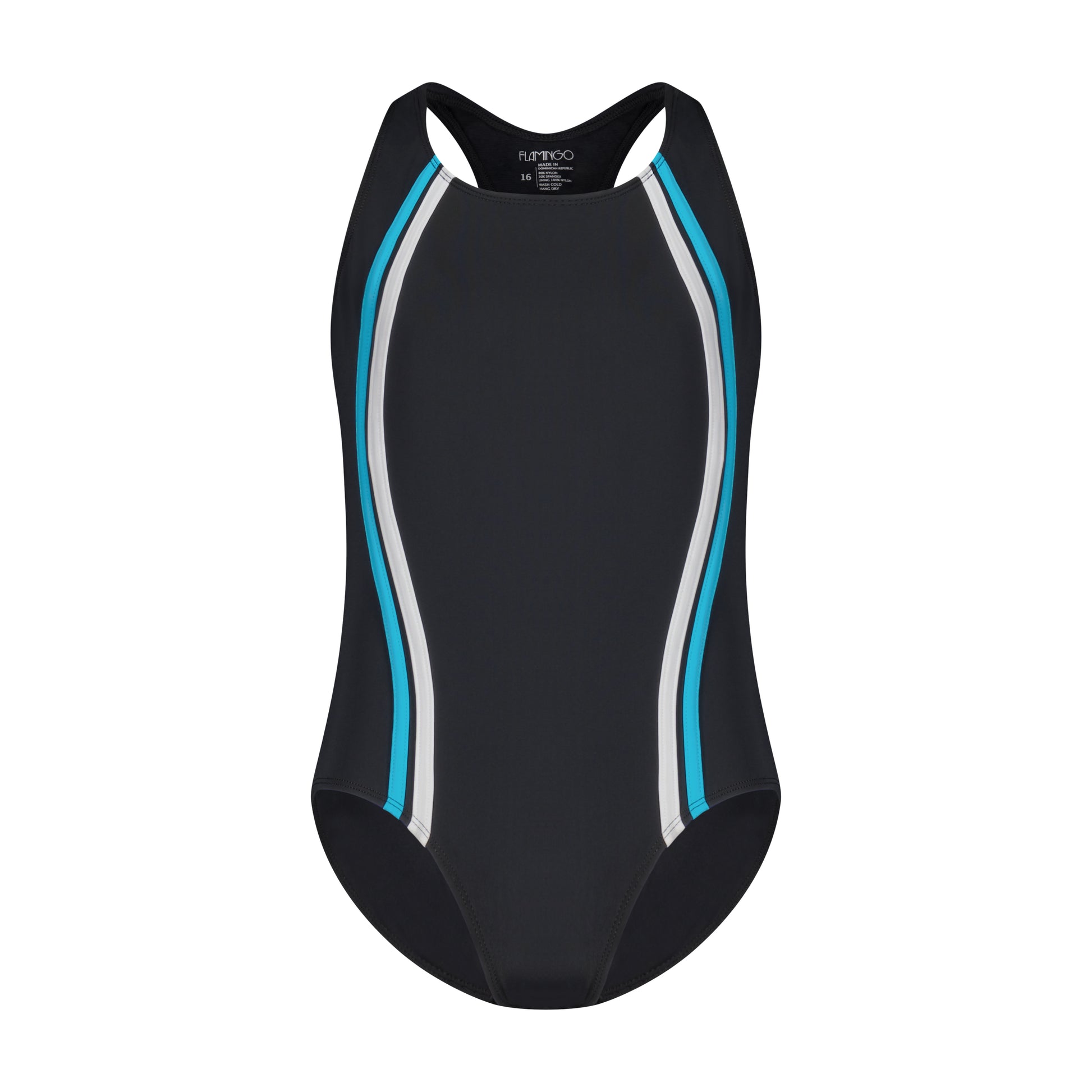Girls One Piece Bathing Suit - Black/Aqua - Flamingo