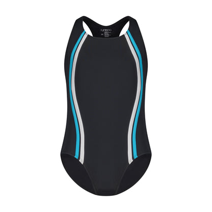 Girls One Piece Bathing Suit - Black/Aqua - Flamingo