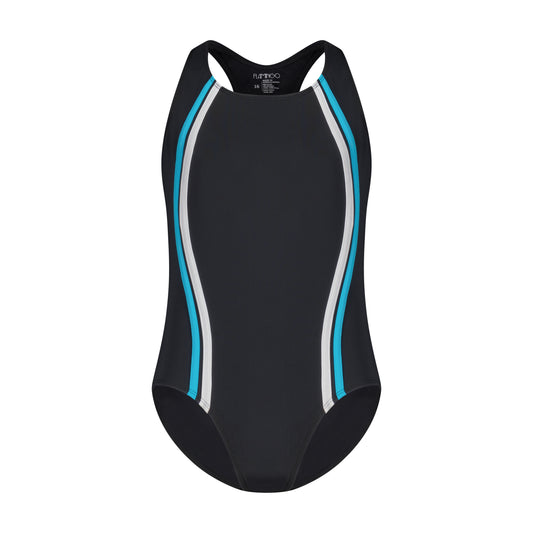 Girls One Piece Bathing Suit - Black/Aqua - Flamingo