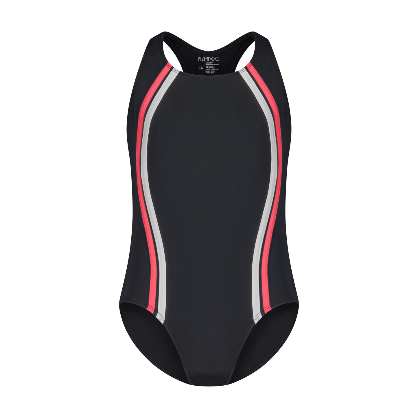 Girls One Piece Bathing Suit - Black/Coral - Flamingo