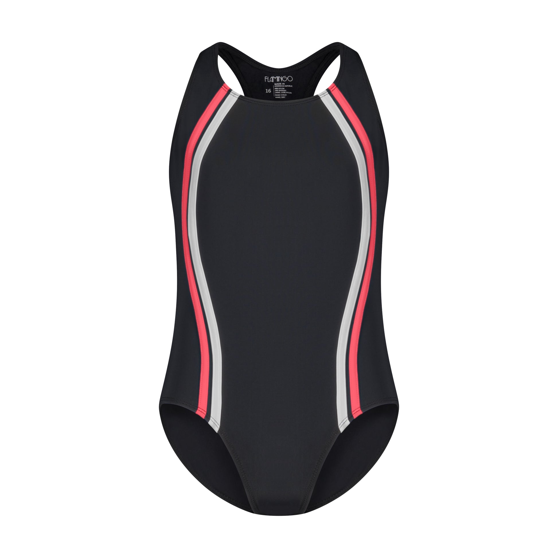 Girls One Piece Bathing Suit - Black/Coral - Flamingo