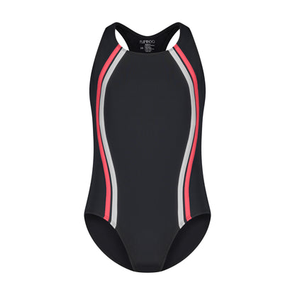 Girls One Piece Bathing Suit - Black/Coral - Flamingo