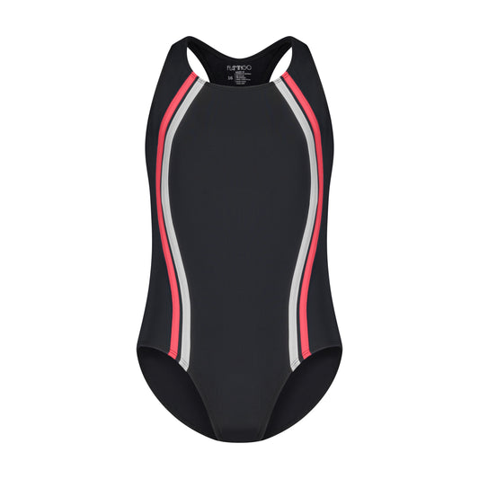 Girls One Piece Bathing Suit - Black/Coral - Flamingo